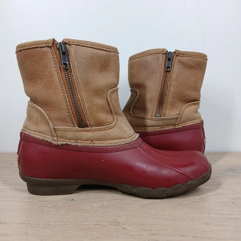 Sperry Waterproof Duck Boots Womens 6 M Red Brown Leather Lace Up Rain Boots
